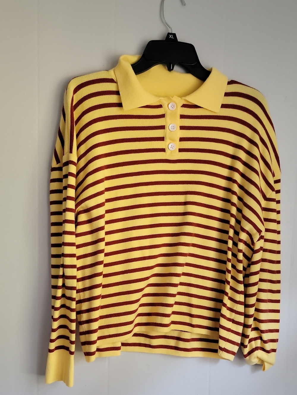 Women's Yellow and Burgundy Striped Polo Sweater Sz.M
